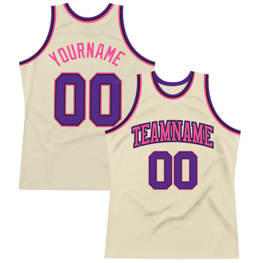 Custom Cream Purple Black-Pink Authentic Throwback Basketball Jersey - Main View