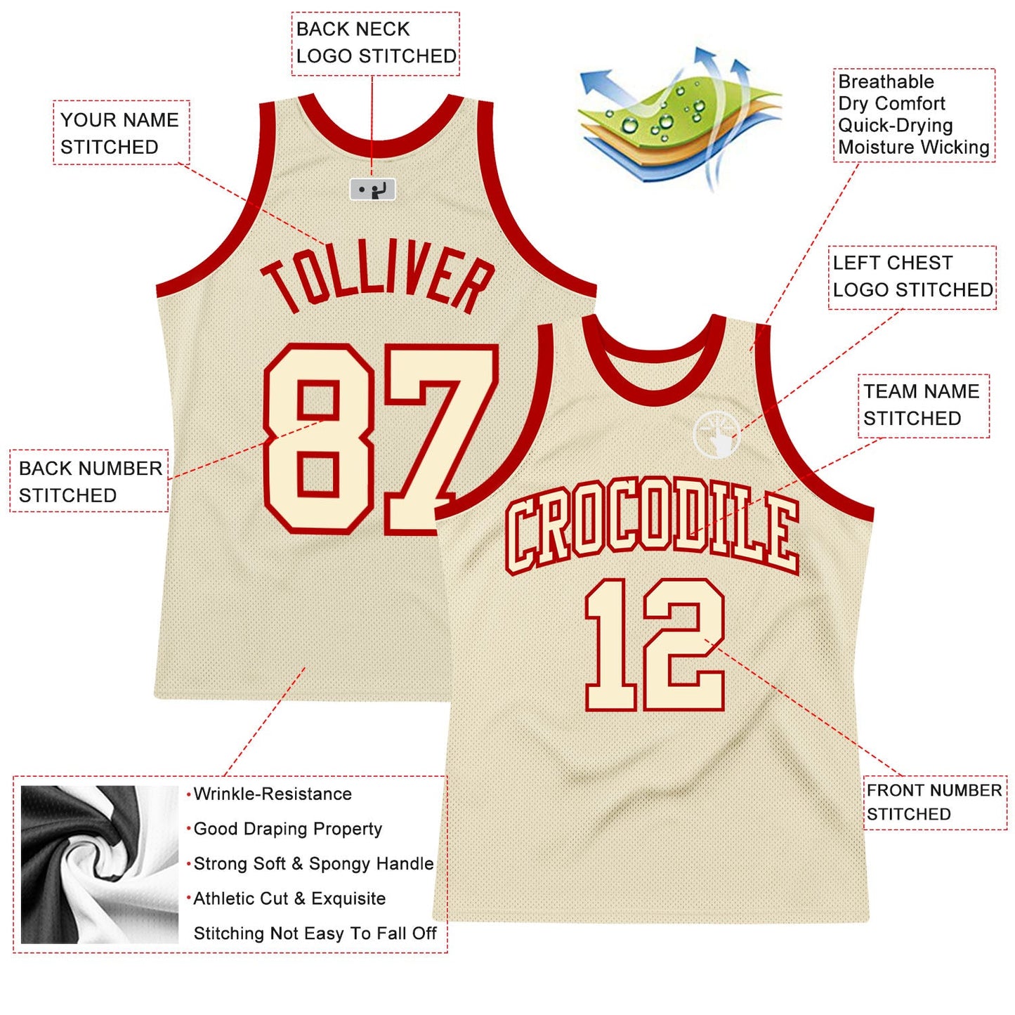 Custom Cream Cream-Red Authentic Throwback Basketball Jersey view 2