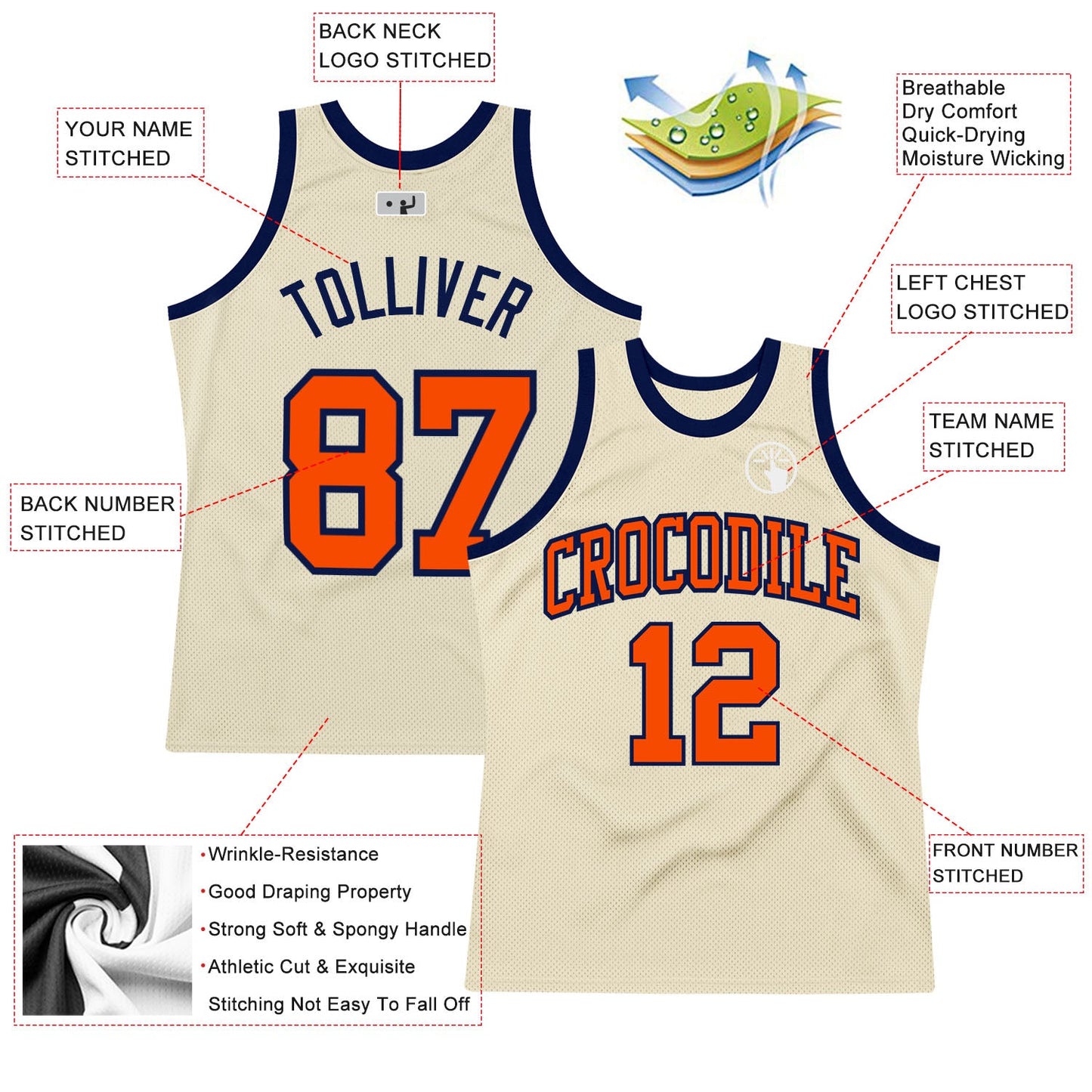 Custom Cream Orange-Navy Authentic Throwback Basketball Jersey view 2