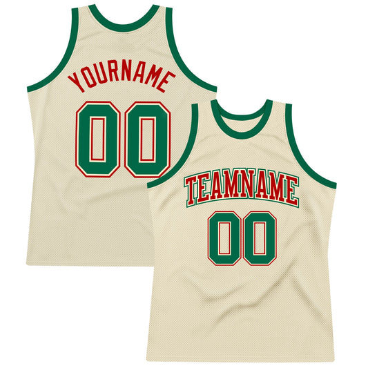 Custom Cream Kelly Green-Red Authentic Throwback Basketball Jersey - Main View