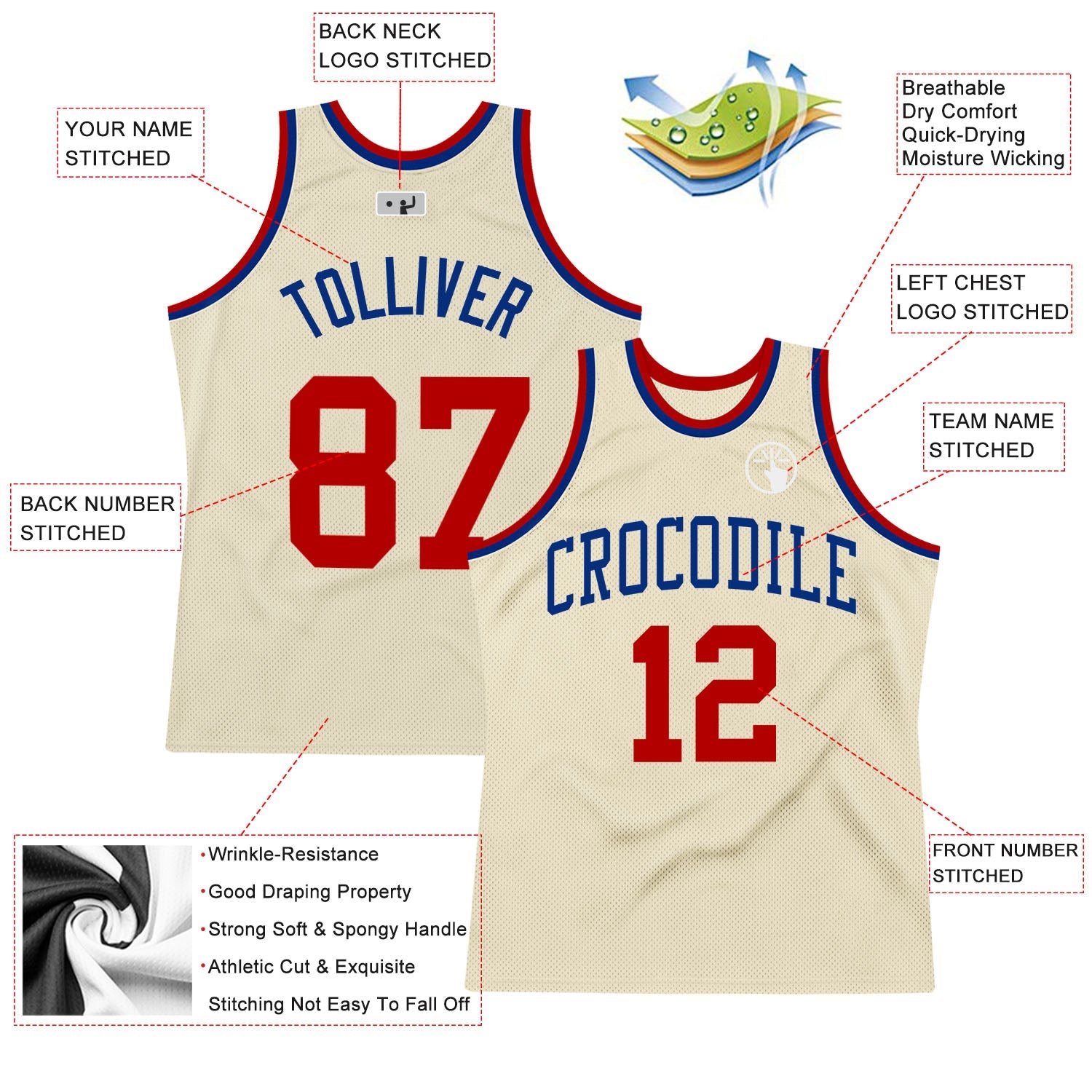 Custom Cream Red-Royal Authentic Throwback Basketball Jersey view 2