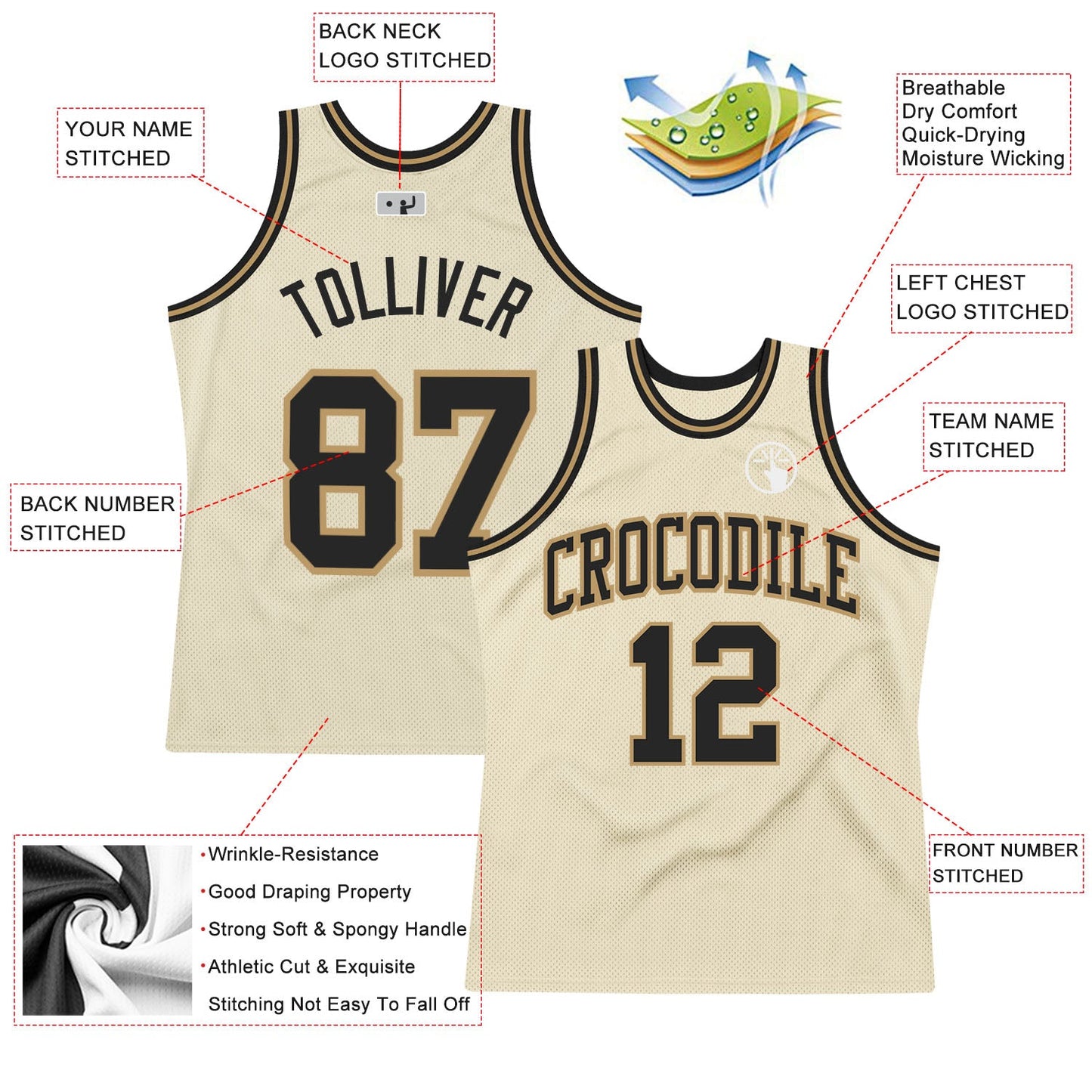 Custom Cream Black-Old Gold Authentic Throwback Basketball Jersey view 2