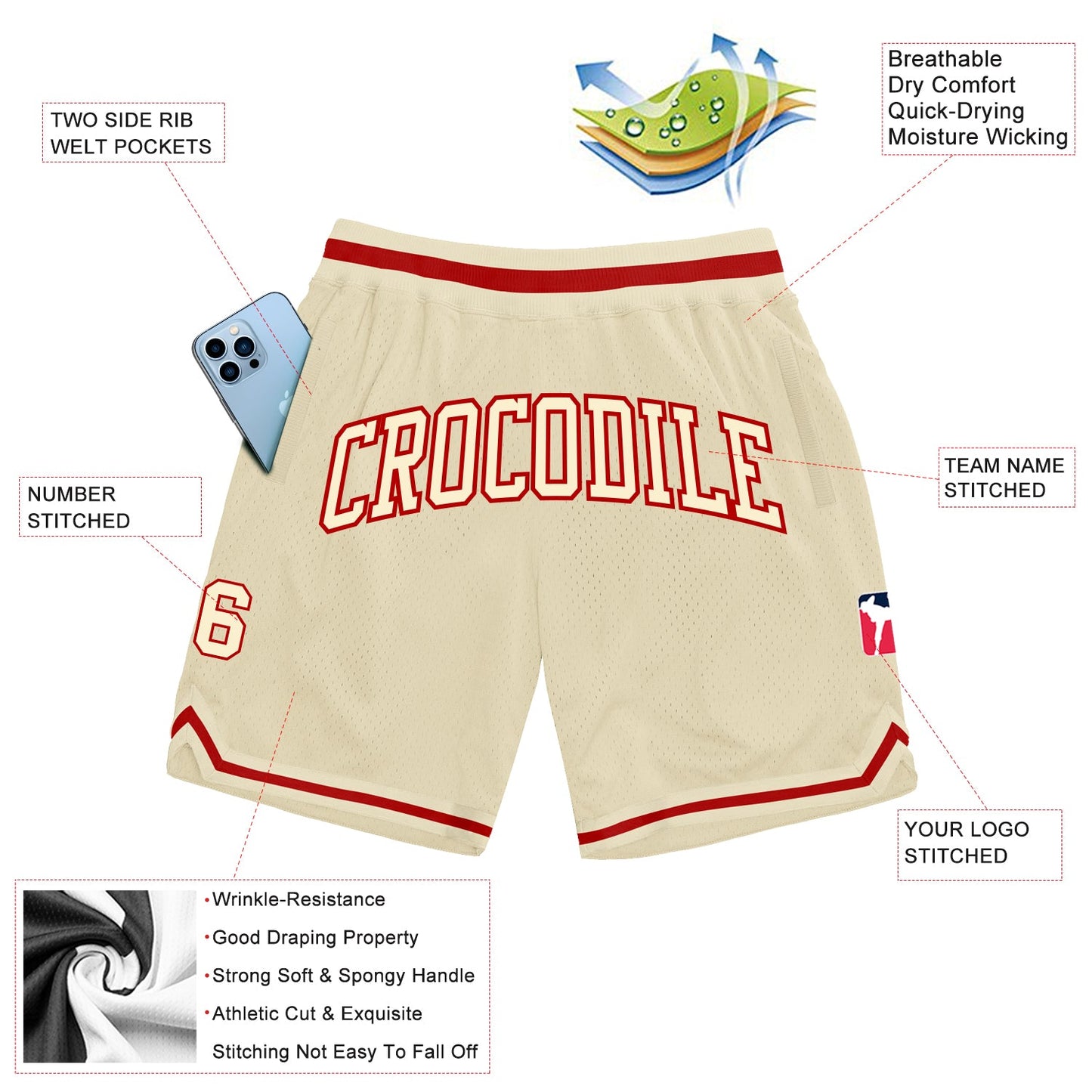 Custom Cream Cream-Red Authentic Throwback Basketball Shorts view 2