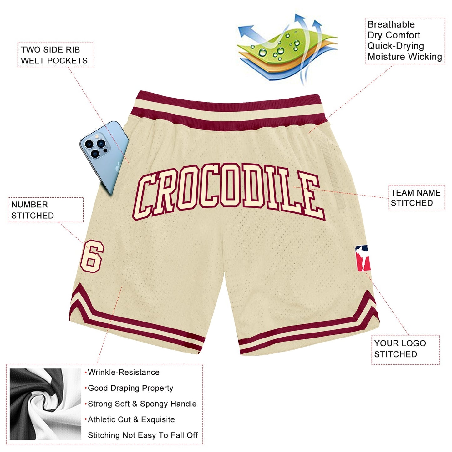 Custom Cream Cream-Maroon Authentic Throwback Basketball Shorts view 2