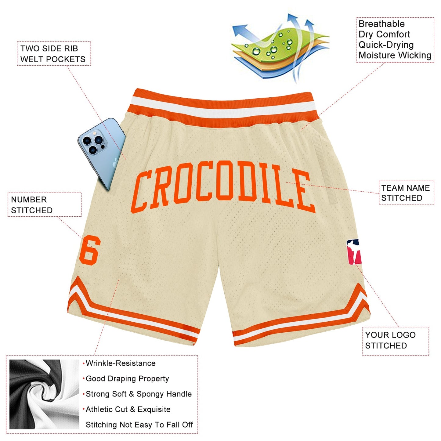 Custom Cream Orange-White Authentic Throwback Basketball Shorts view 3