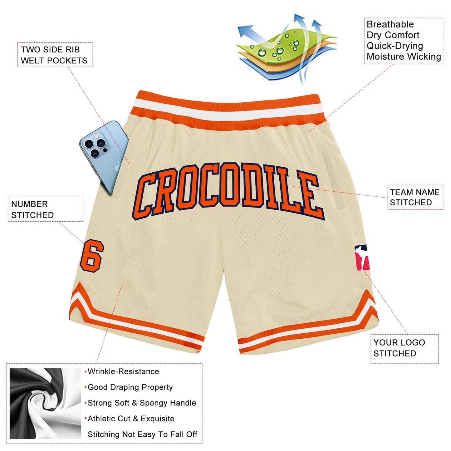 Custom Cream Orange-Navy Authentic Throwback Basketball Shorts view 2
