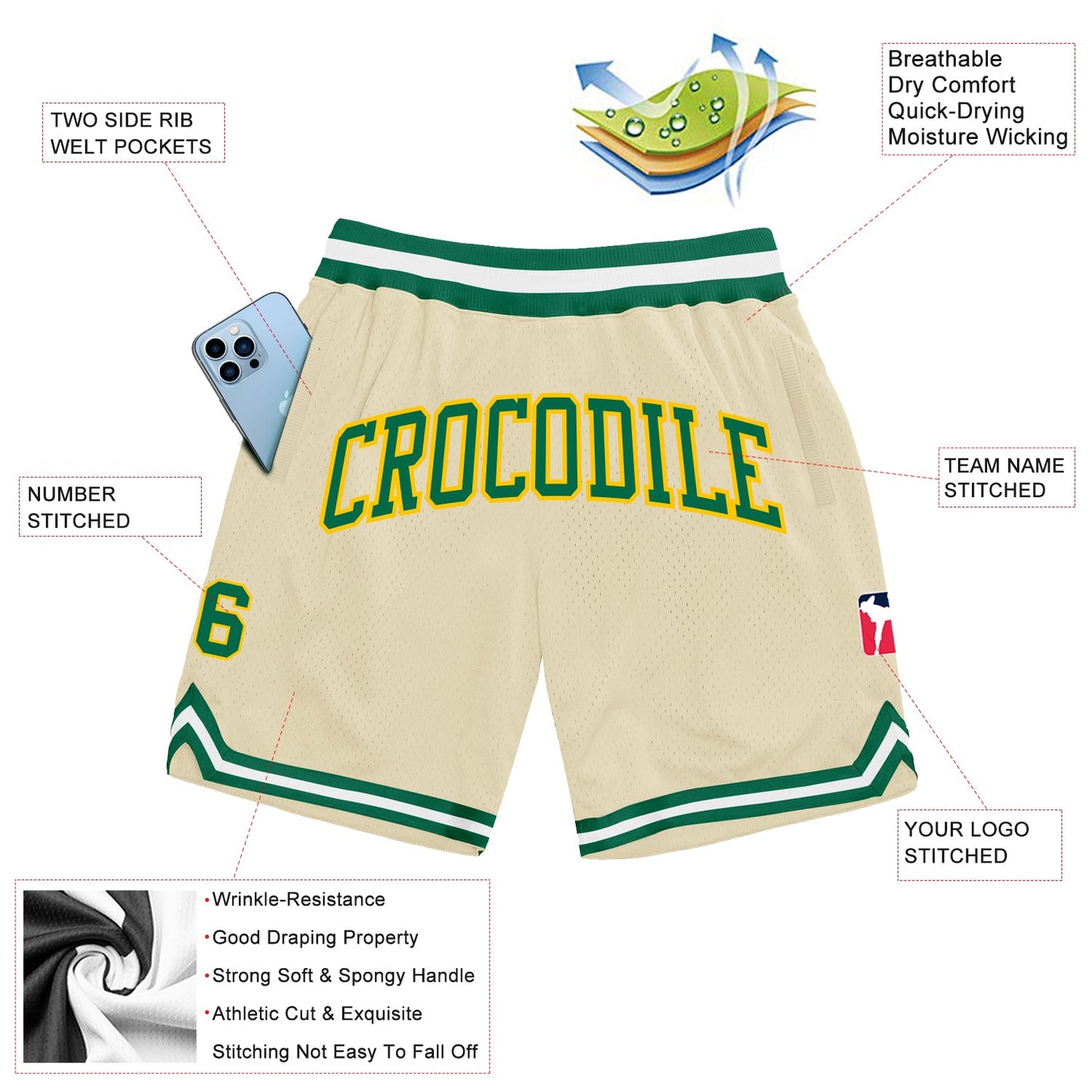 Custom Cream Kelly Green-Gold Authentic Throwback Basketball Shorts view 2