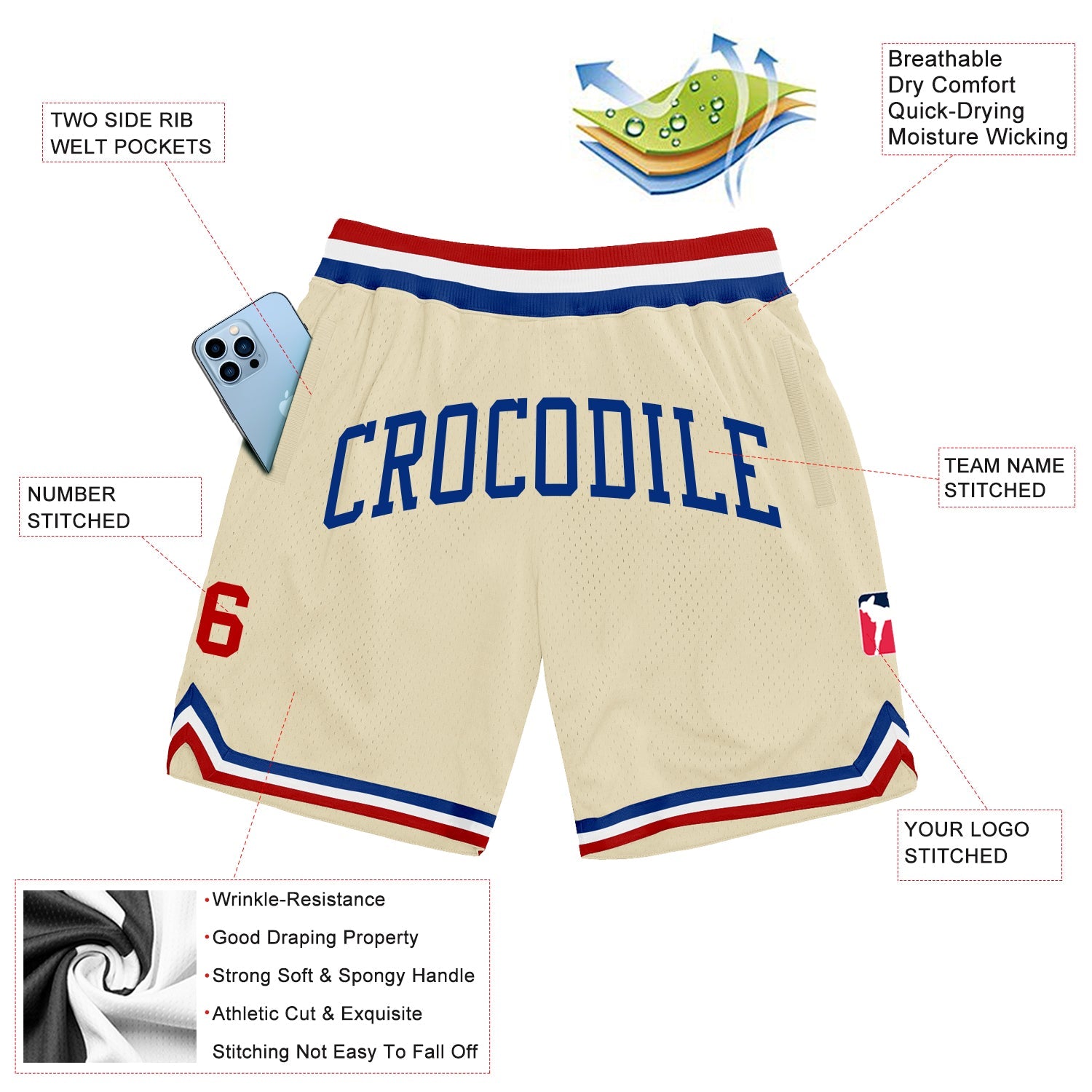 Custom Cream Red-Royal Authentic Throwback Basketball Shorts view 2