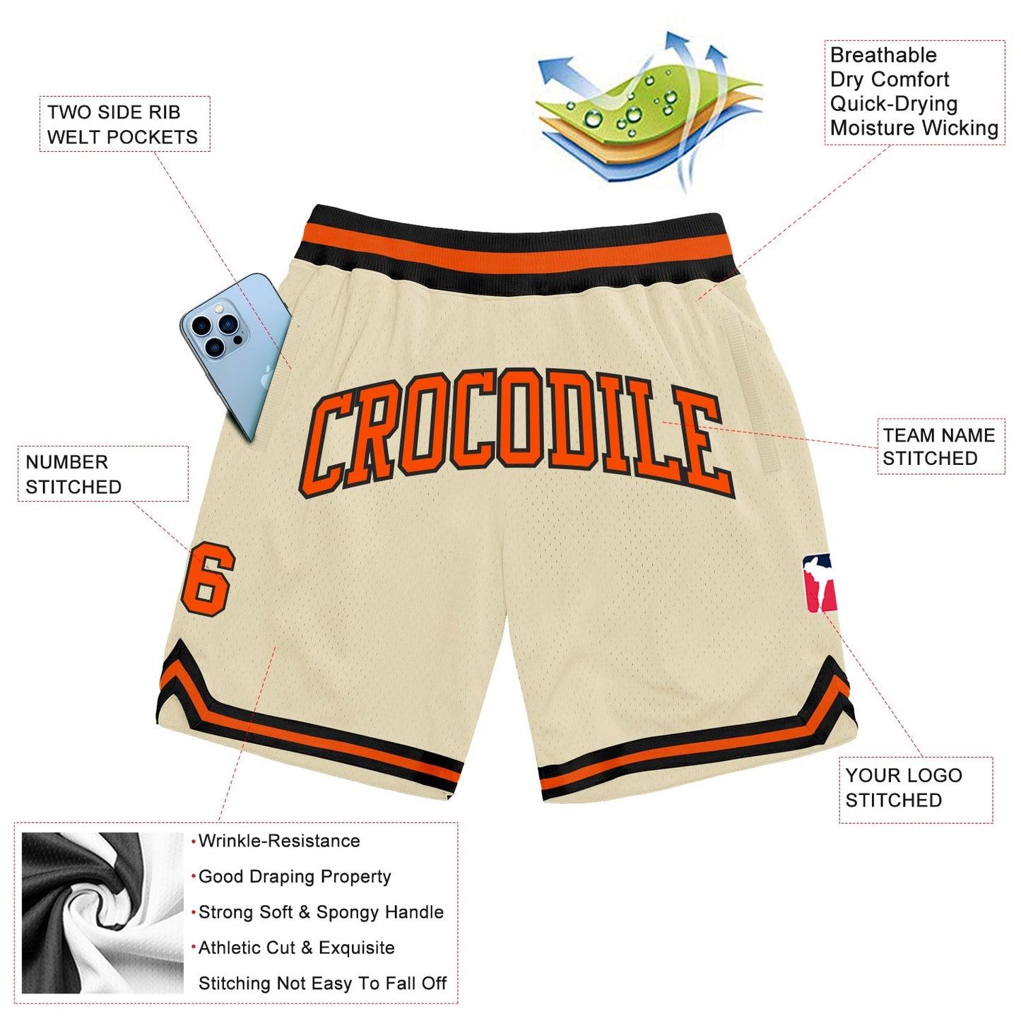 Custom Cream Orange-Black Authentic Throwback Basketball Shorts view 2