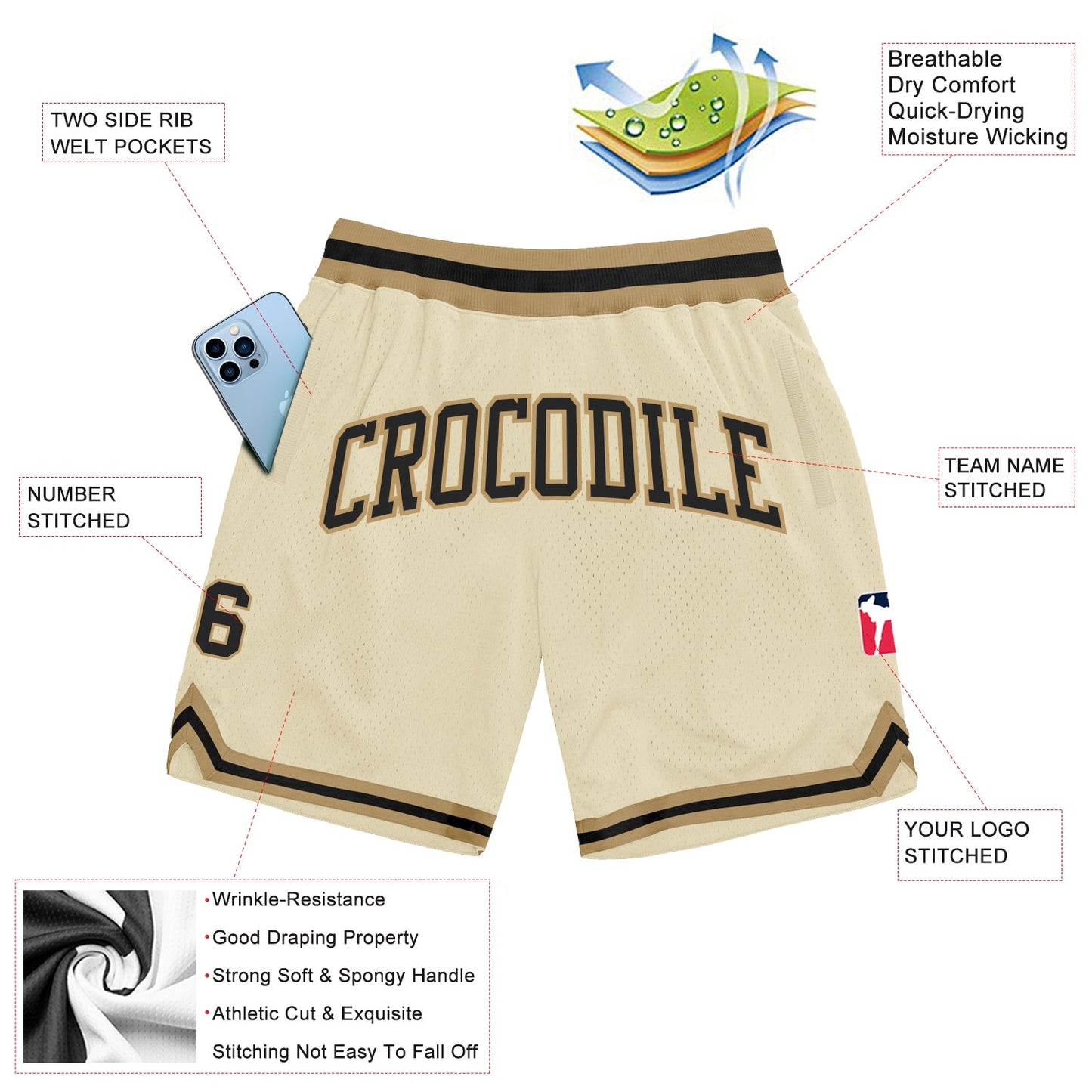 Custom Cream Black-Old Gold Authentic Throwback Basketball Shorts view 2