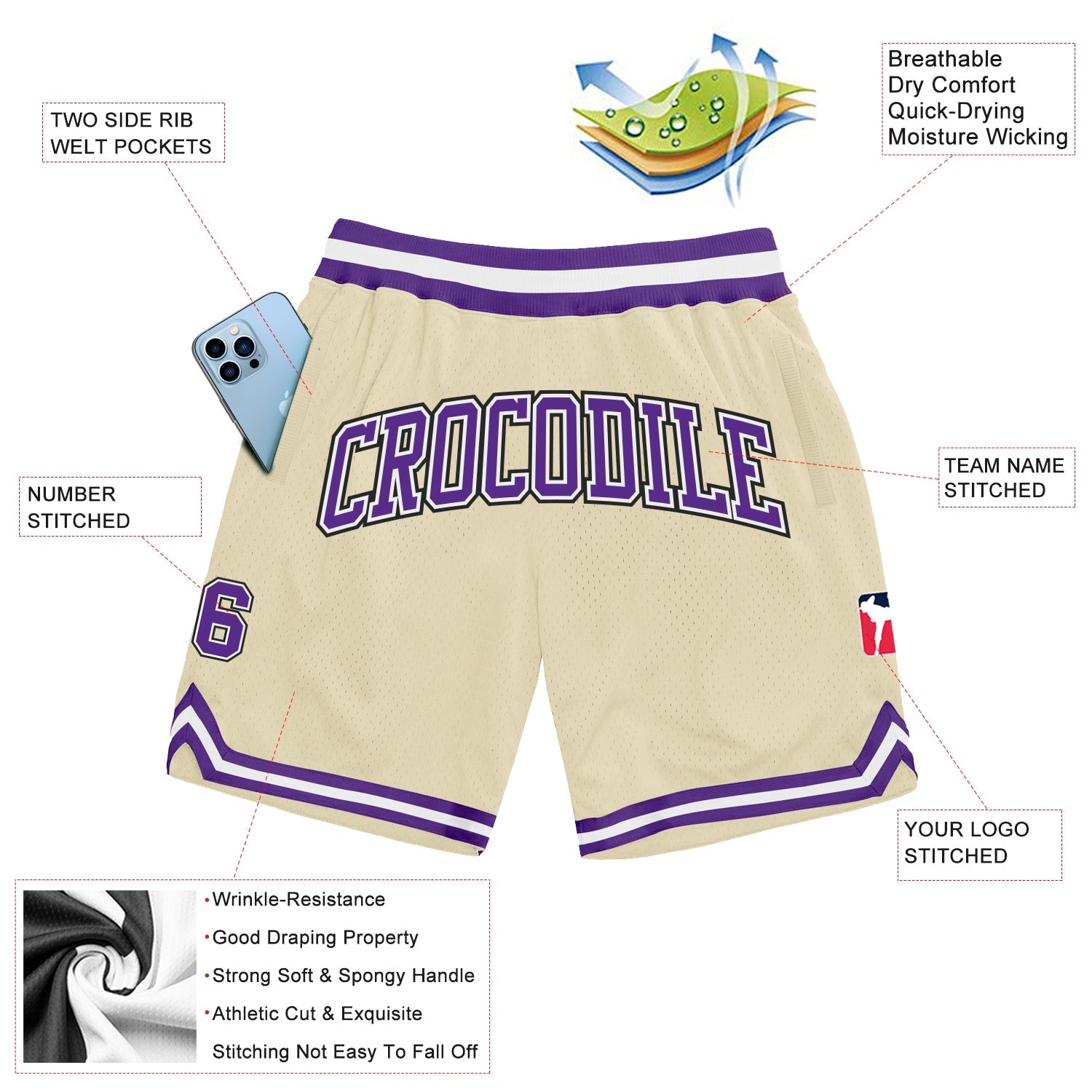 Custom Cream Purple-Black Authentic Throwback Basketball Shorts view 2
