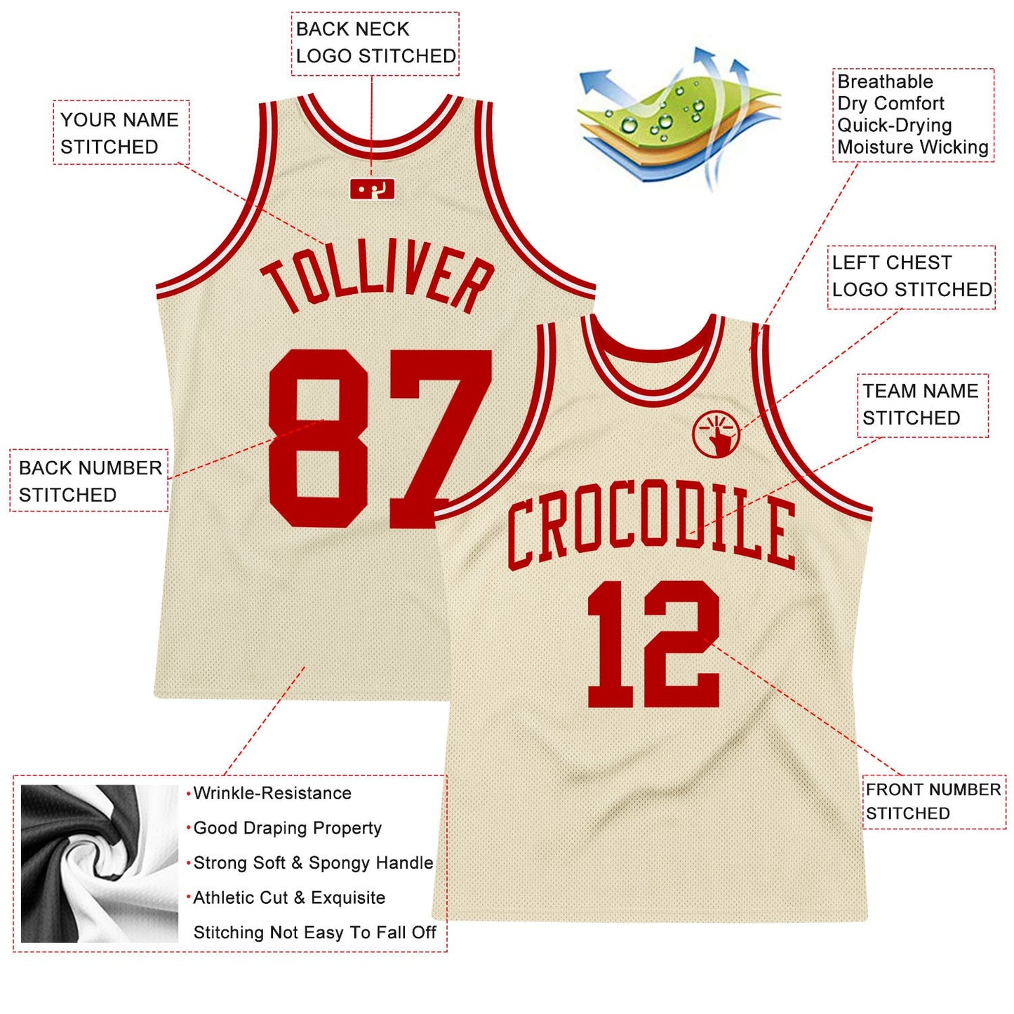 Custom Cream Red-White Authentic Throwback Basketball Jersey view 2