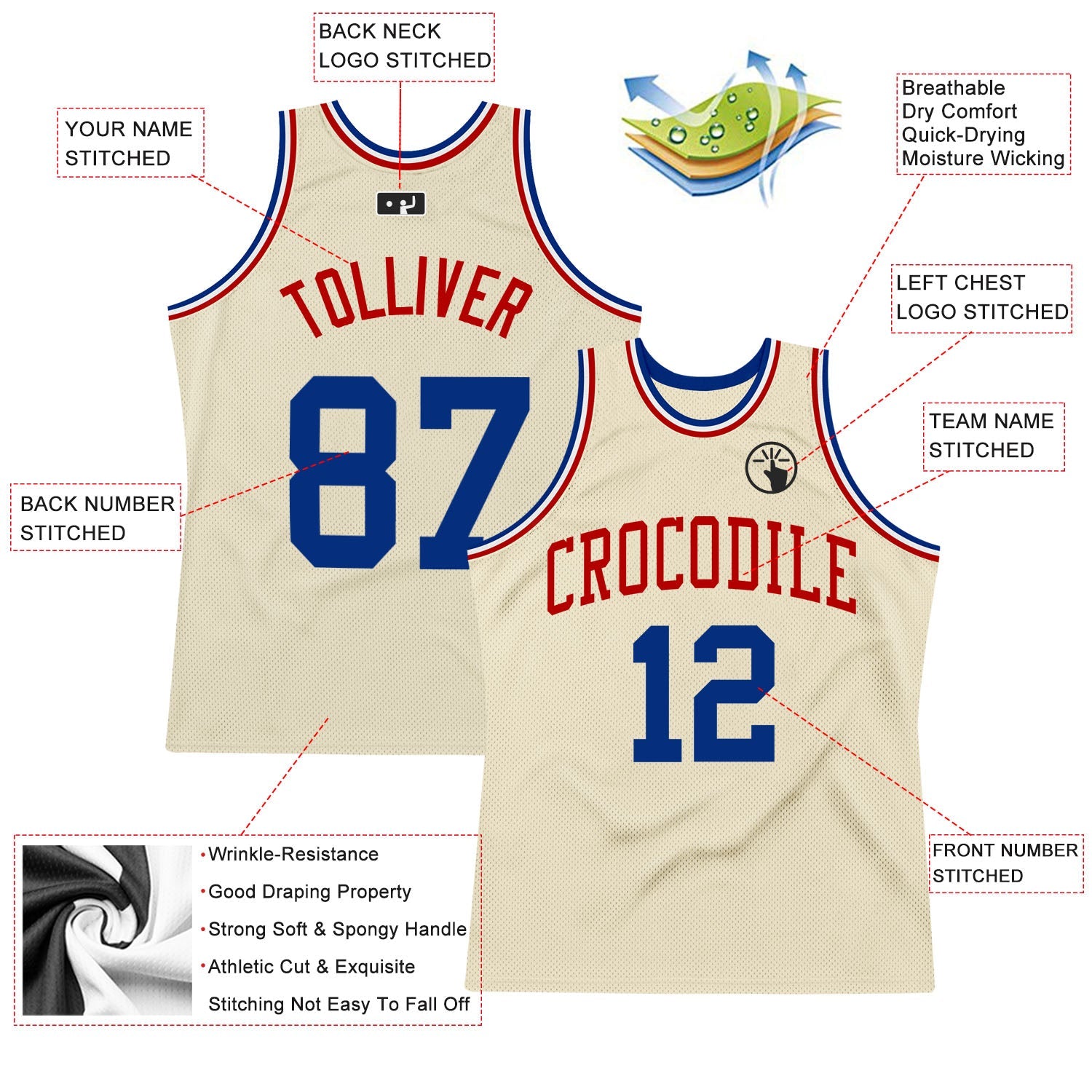 Custom Cream Royal-Red Authentic Throwback Basketball Jersey view 2