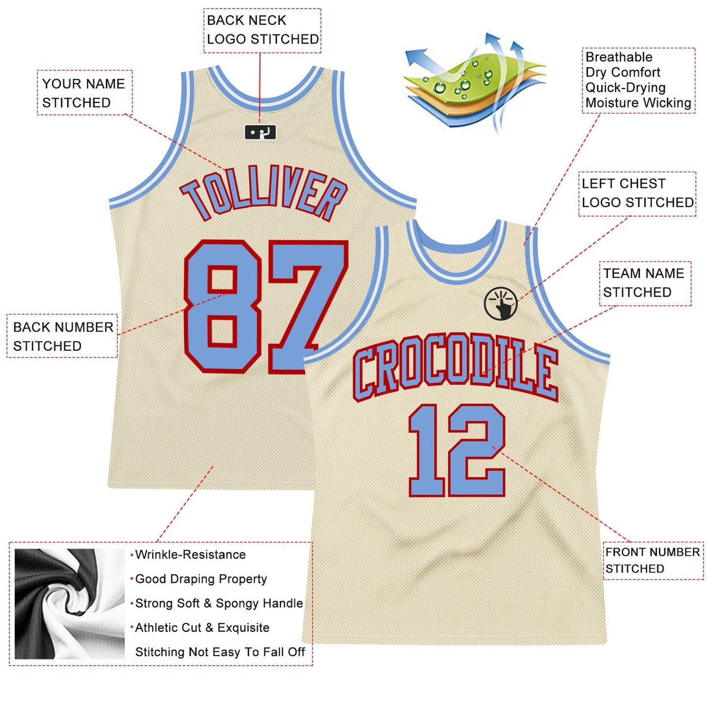 Custom Cream Light Blue-Red Authentic Throwback Basketball Jersey view 2