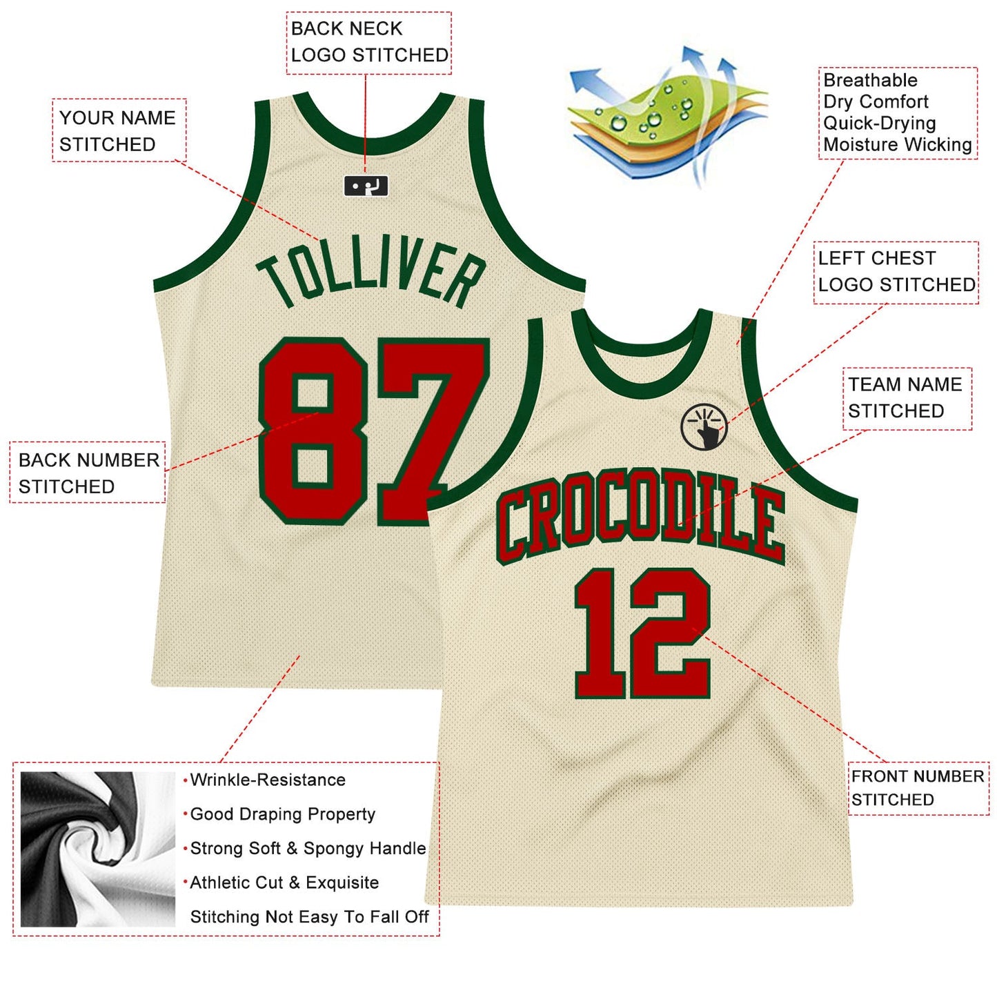 Custom Cream Red-Green Authentic Throwback Basketball Jersey view 2