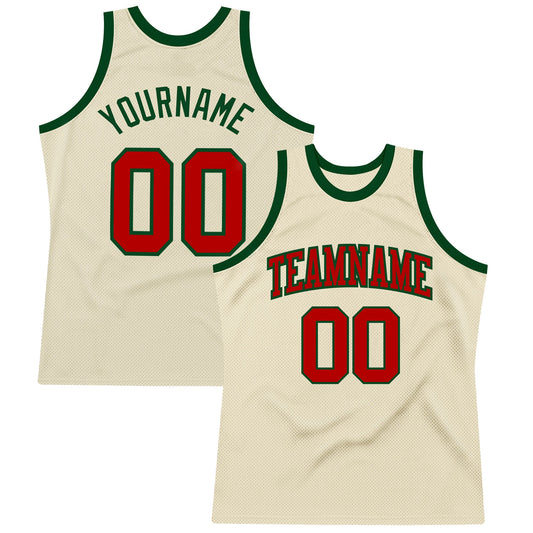 Custom Cream Red-Green Authentic Throwback Basketball Jersey - Main View