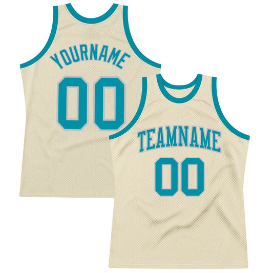 Custom Cream Teal-Gray Authentic Throwback Basketball Jersey - Main View
