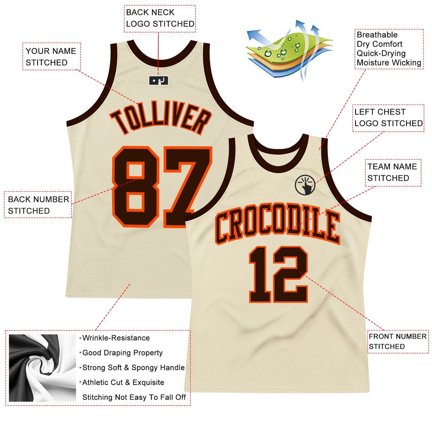 Custom Cream Brown-Orange Authentic Throwback Basketball Jersey view 2
