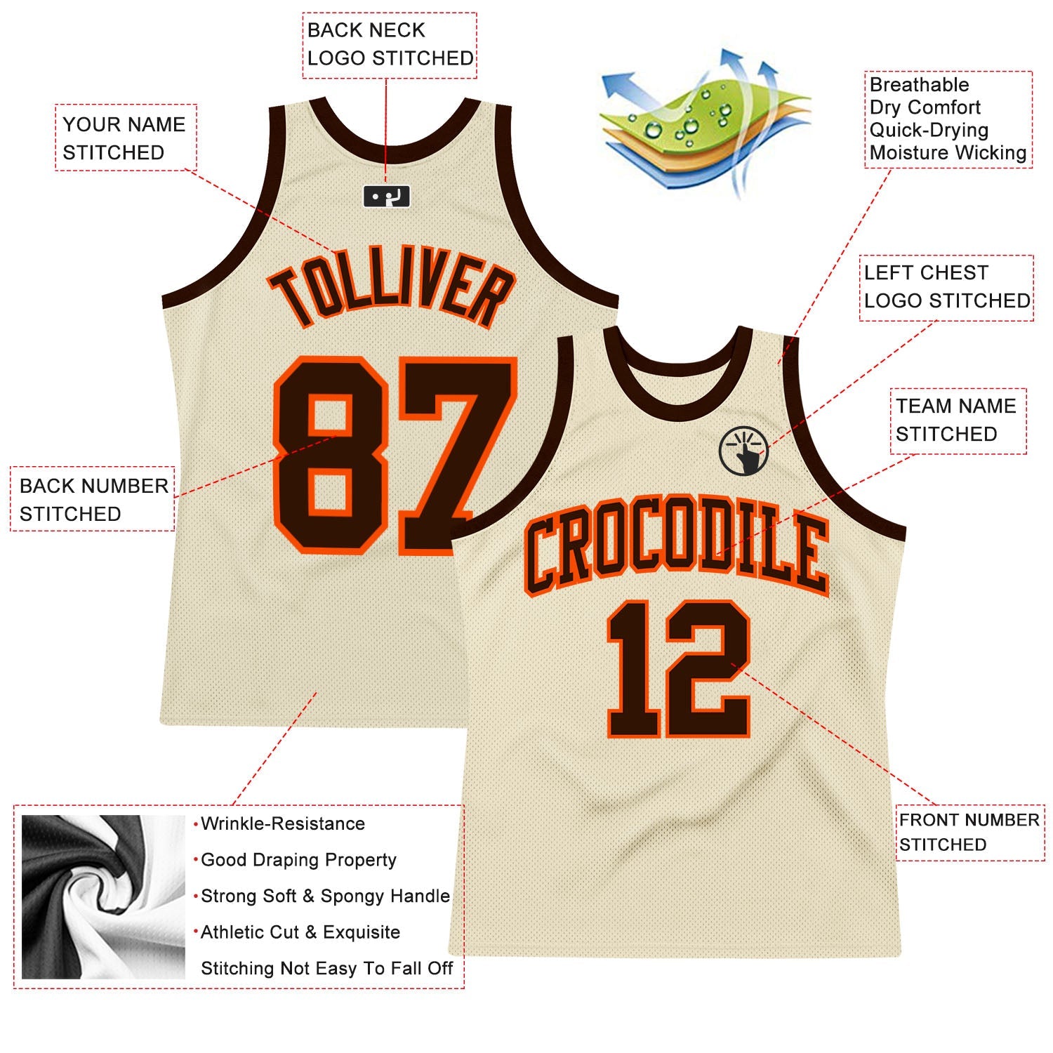 Custom Cream Brown-Orange Authentic Throwback Basketball Jersey view 2