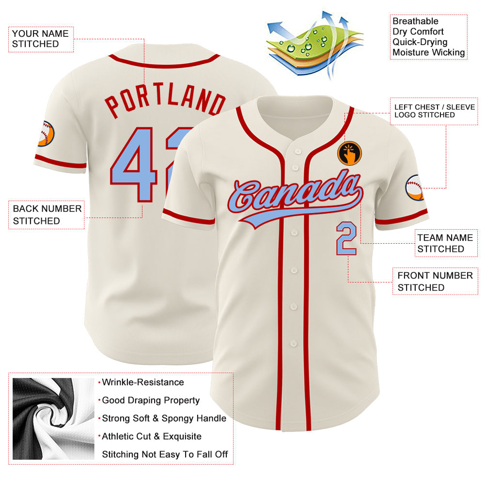 Custom Cream Light Blue-Red Authentic Baseball Jersey view 3
