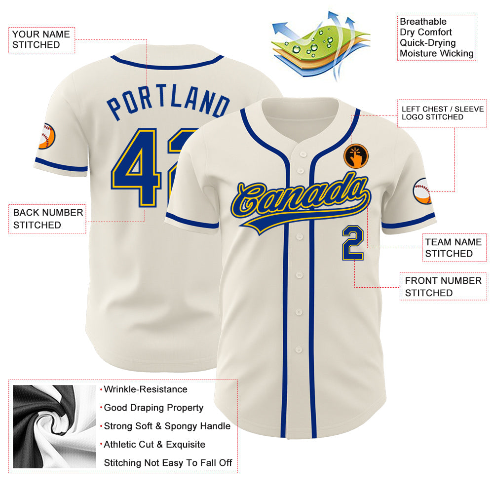 Custom Cream Royal-Gold Authentic Baseball Jersey view 3