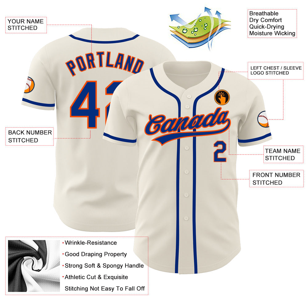 Custom Cream Royal-Orange Authentic Baseball Jersey view 3