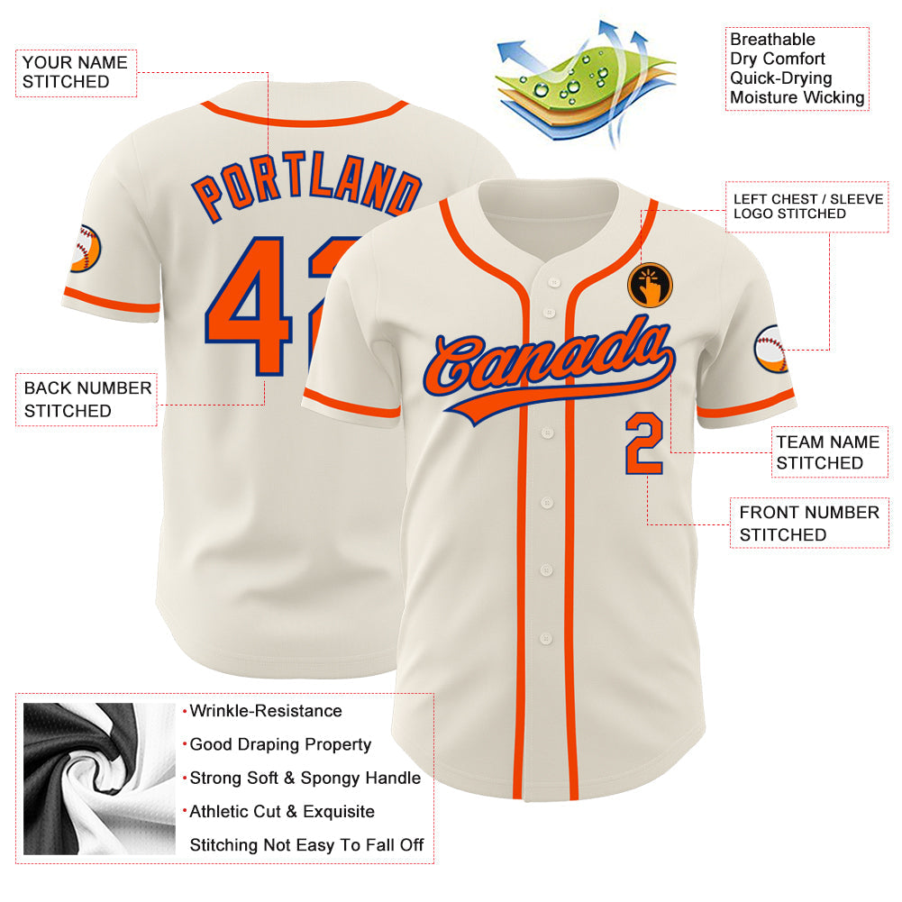 Custom Cream Orange-Royal Authentic Baseball Jersey view 3