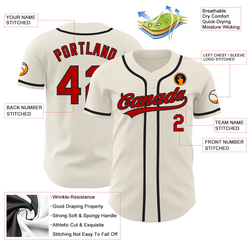 Custom Cream Red-Black Authentic Baseball Jersey view 3
