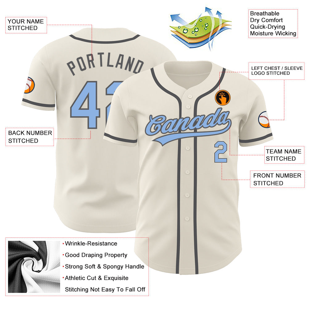 Custom Cream Light Blue-Steel Gray Authentic Baseball Jersey view 3
