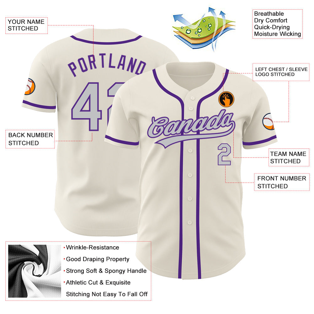 Custom Cream Gray-Purple Authentic Baseball Jersey view 3