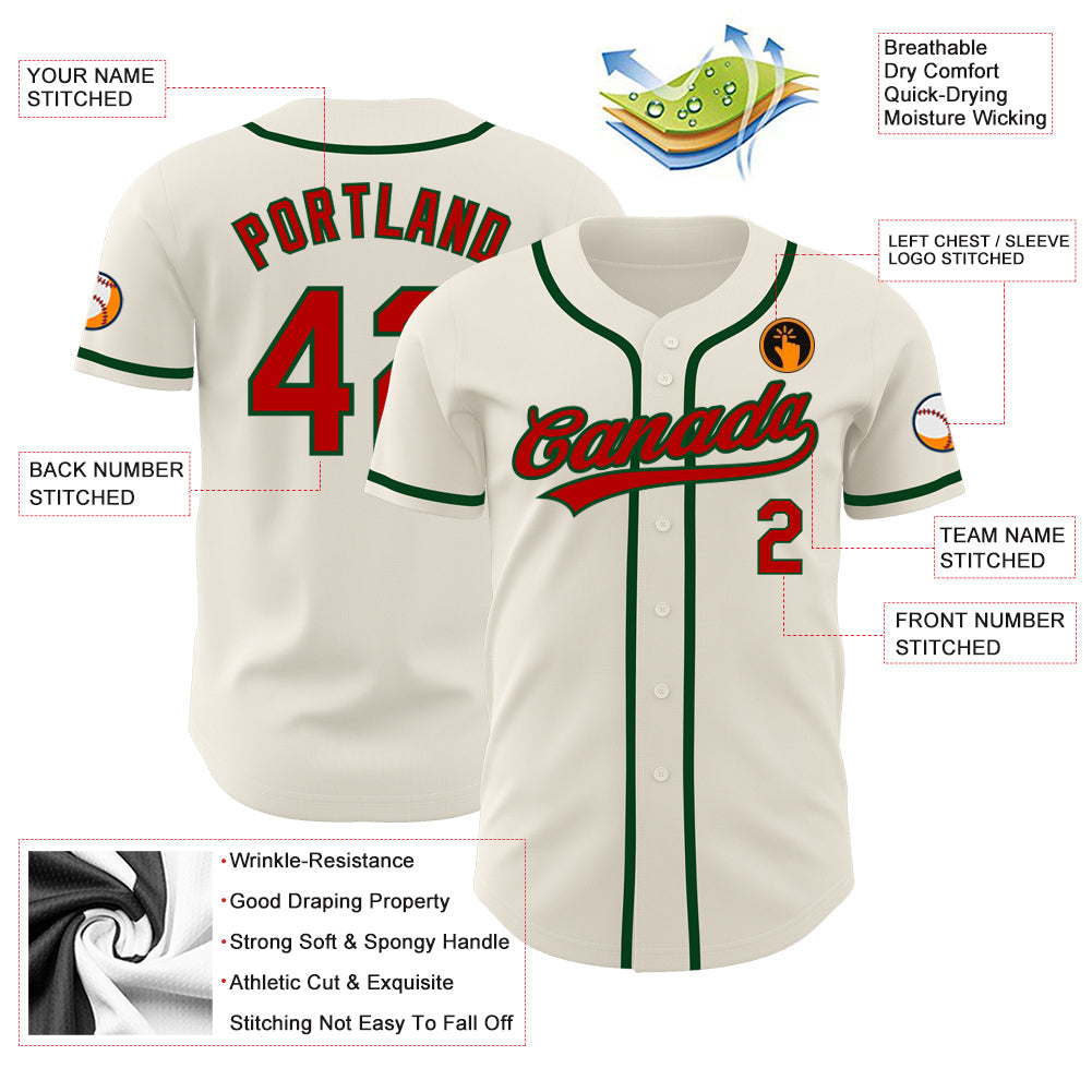 Custom Cream Red-Green Authentic Baseball Jersey view 3