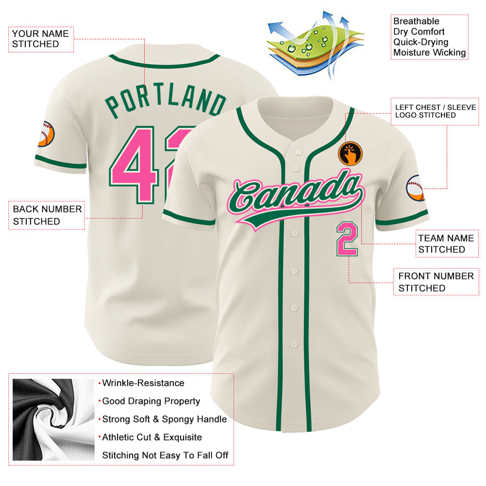 Custom Cream Pink-Kelly Green Authentic Baseball Jersey view 3