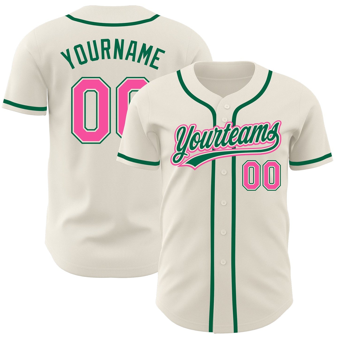Custom Cream Pink-Kelly Green Authentic Baseball Jersey - Main View