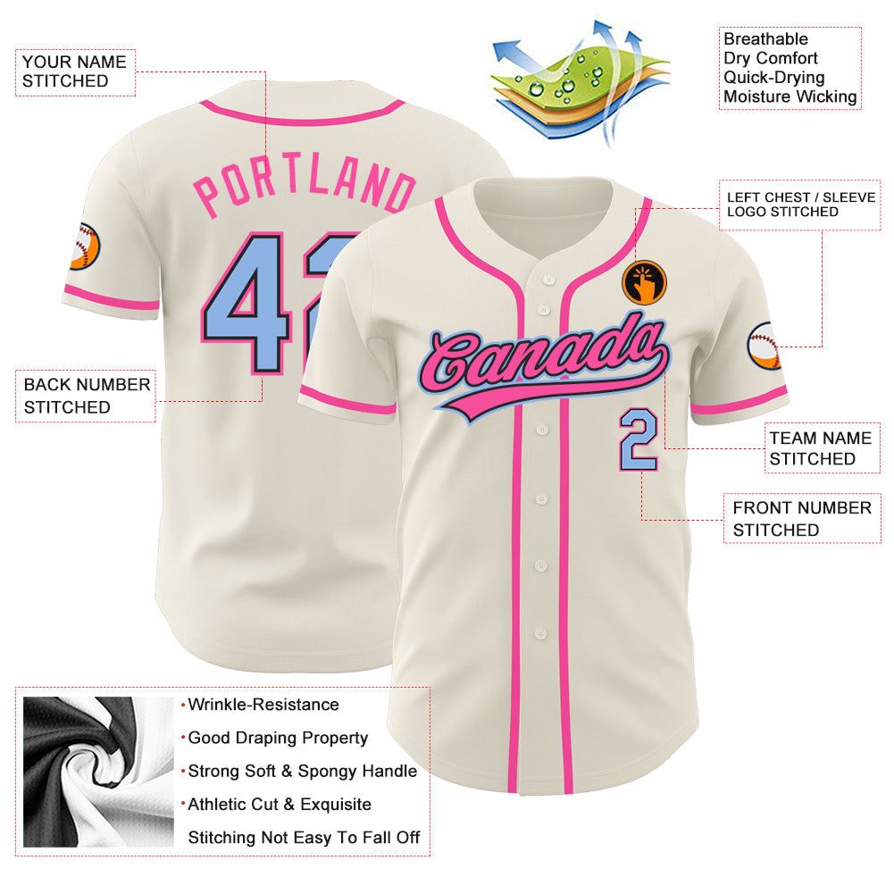 Custom Cream Light Blue Black-Pink Authentic Baseball Jersey view 3