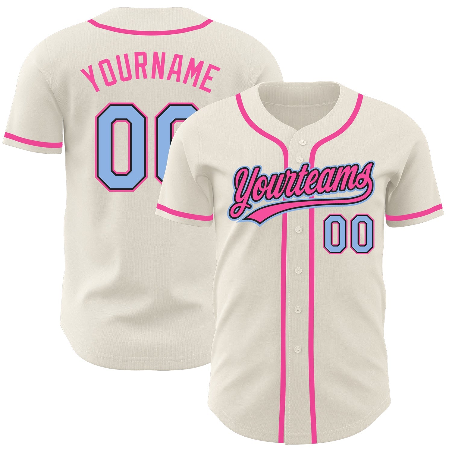 Custom Cream Light Blue Black-Pink Authentic Baseball Jersey - Main View