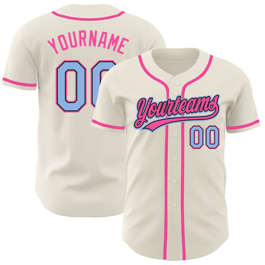 Custom Cream Light Blue Black-Pink Authentic Baseball Jersey - Main View