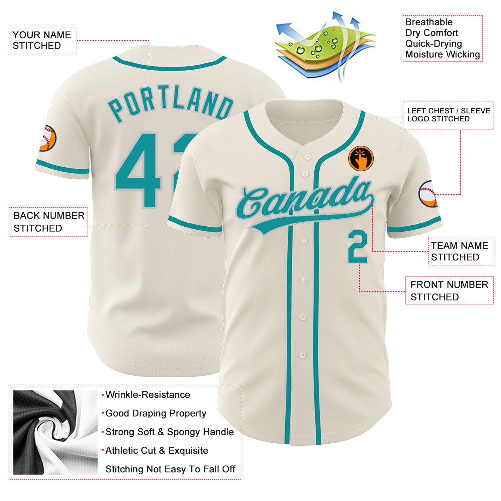 Custom Cream Teal-Gray Authentic Baseball Jersey view 3