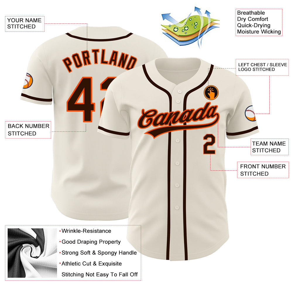Custom Cream Brown-Orange Authentic Baseball Jersey view 3