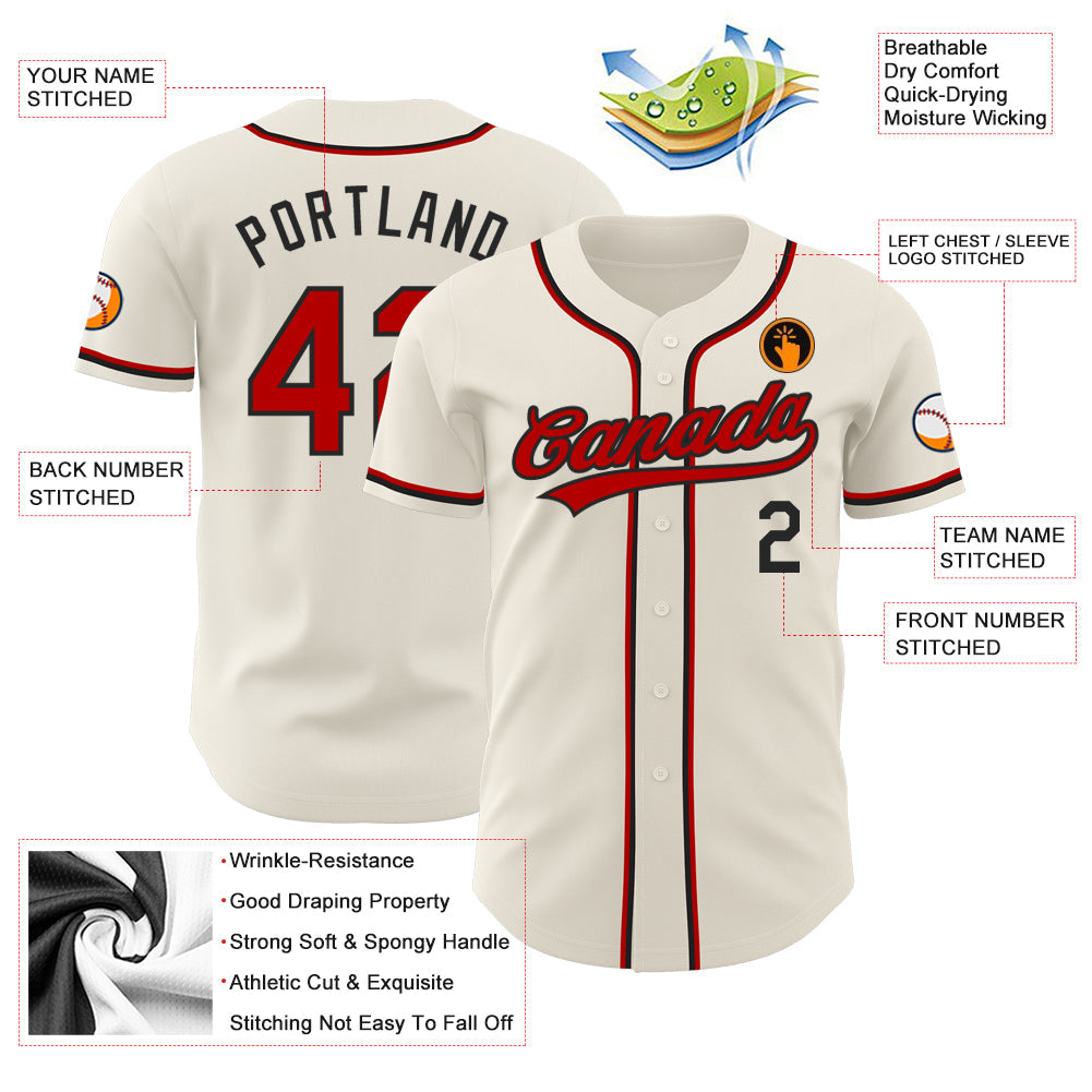 Custom Cream Red-Black Authentic Baseball Jersey view 3
