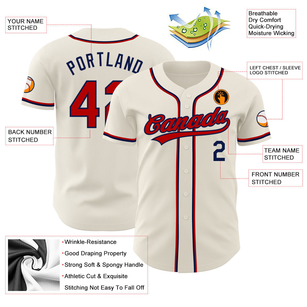 Custom Cream Red-Navy Authentic Baseball Jersey view 3