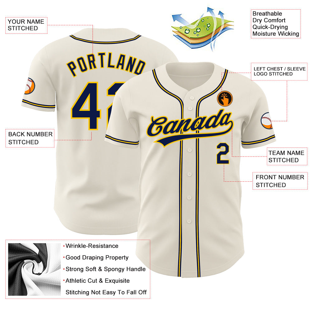 Custom Cream Navy-Gold Authentic Baseball Jersey view 3