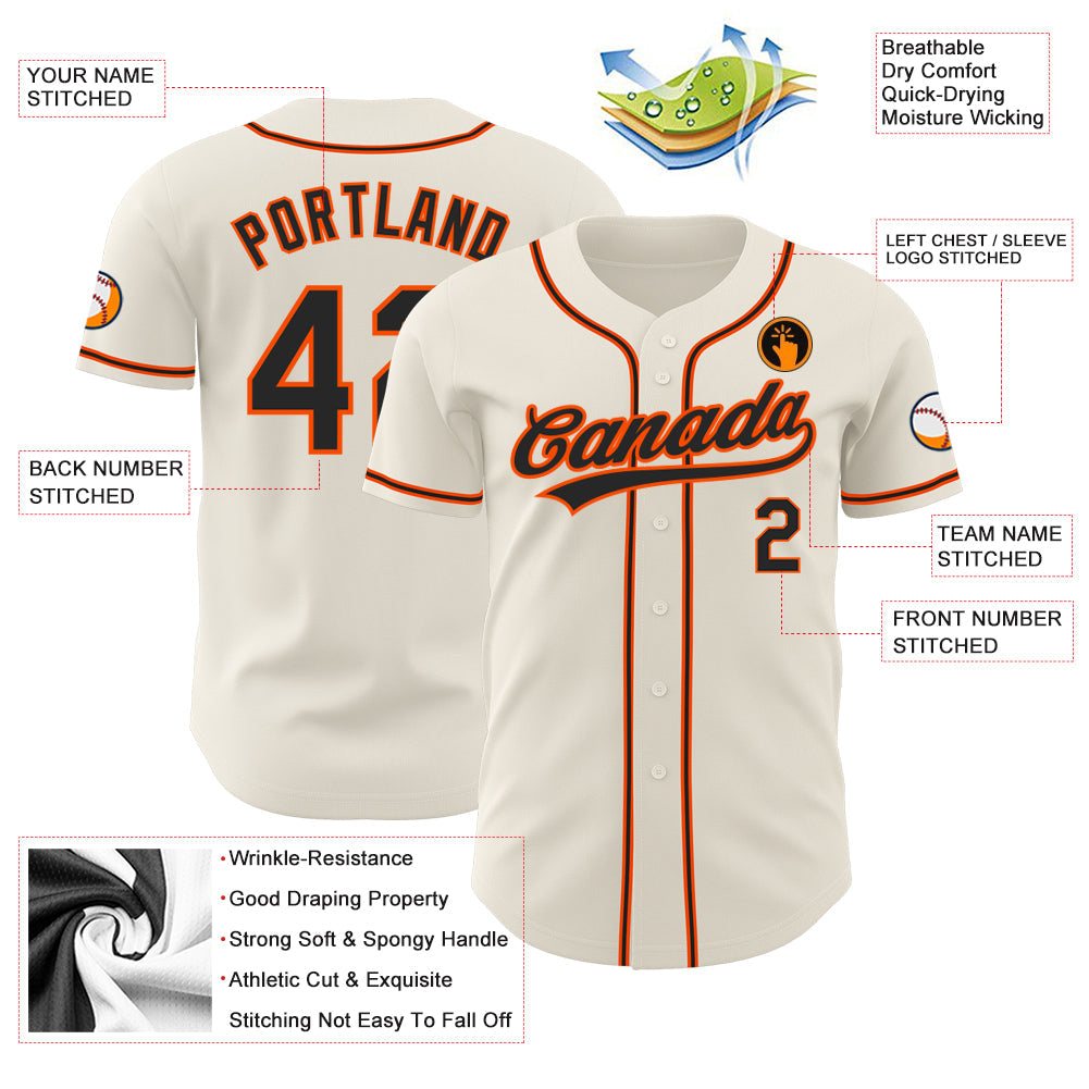 Custom Cream Black-Orange Authentic Baseball Jersey view 3