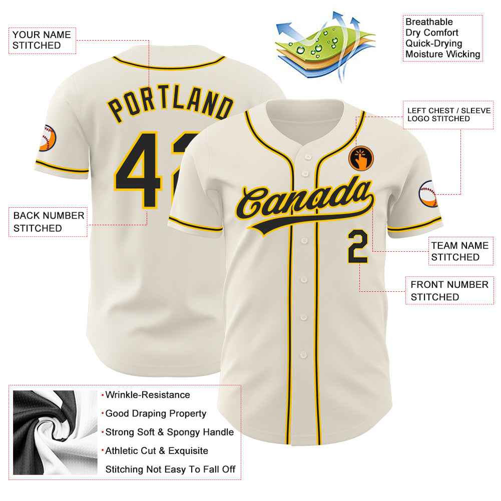 Custom Cream Black-Gold Authentic Baseball Jersey view 3