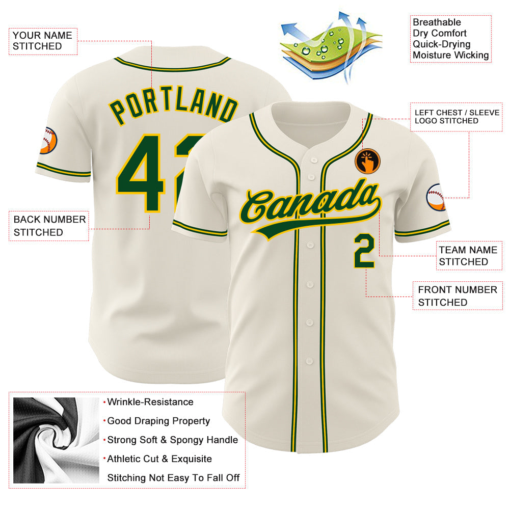 Custom Cream Green-Gold Authentic Baseball Jersey view 4