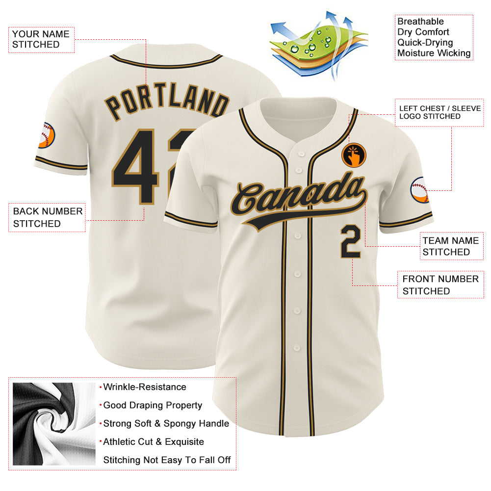 Custom Cream Black-Old Gold Authentic Baseball Jersey view 3