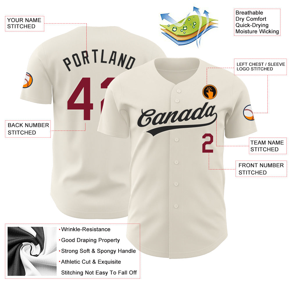 Custom Cream Crimson-Black Authentic Baseball Jersey view 3