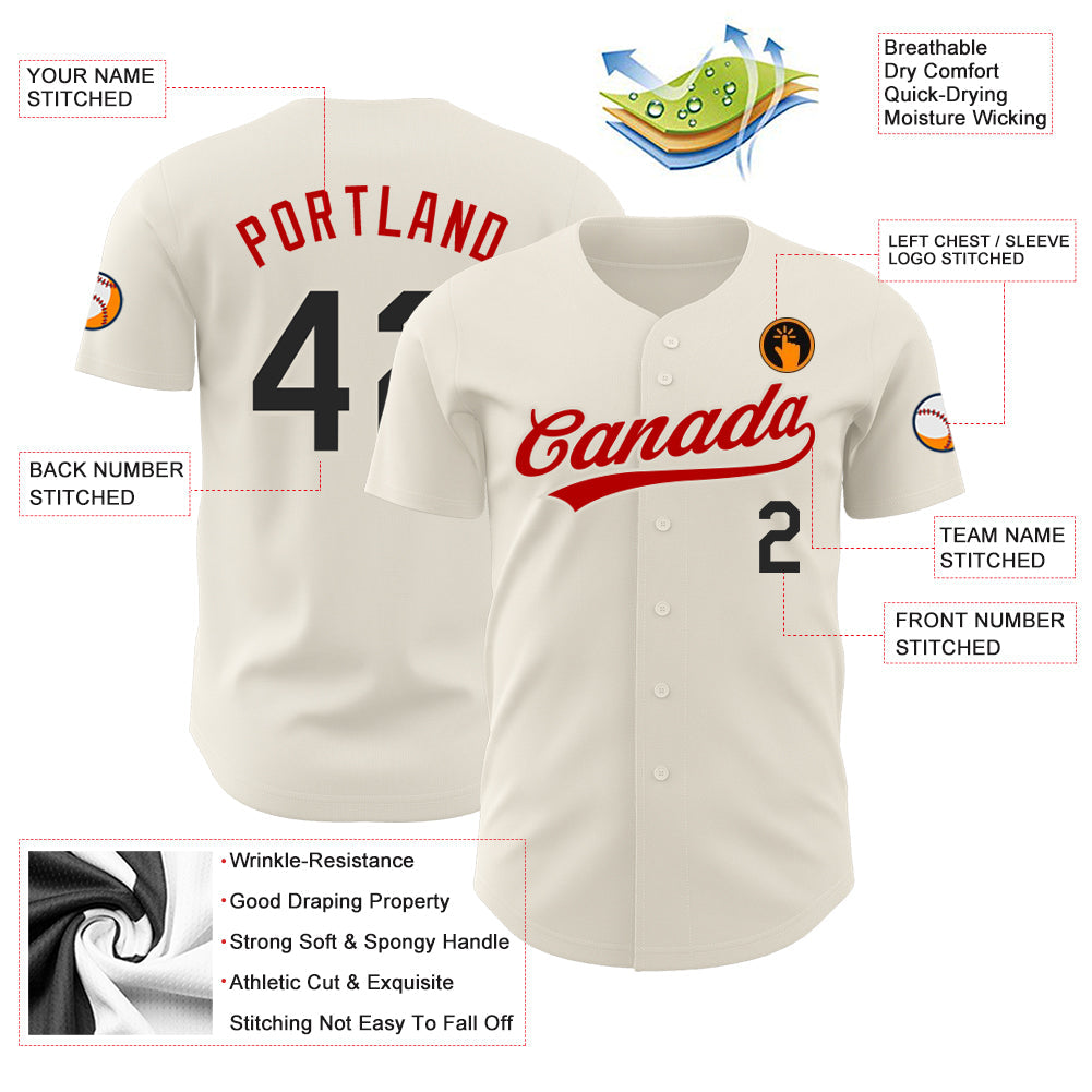 Custom Cream Black-Red Authentic Baseball Jersey view 3