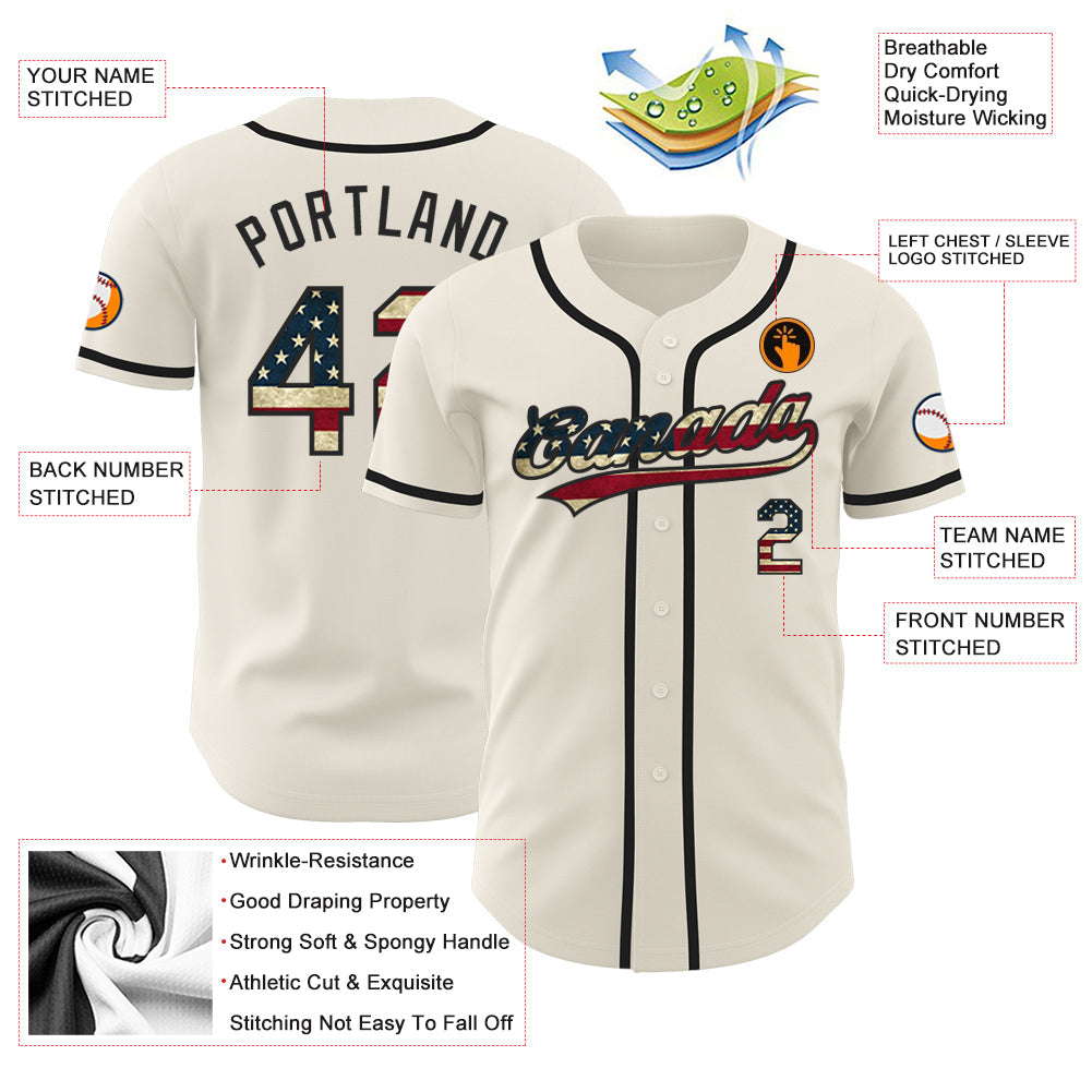 Custom Cream Vintage USA Flag-Black Authentic Baseball Jersey view 3