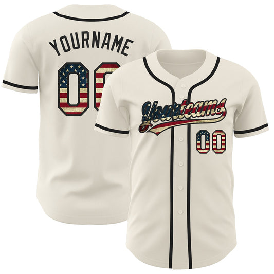 Custom Cream Vintage USA Flag-Black Authentic Baseball Jersey - Main View