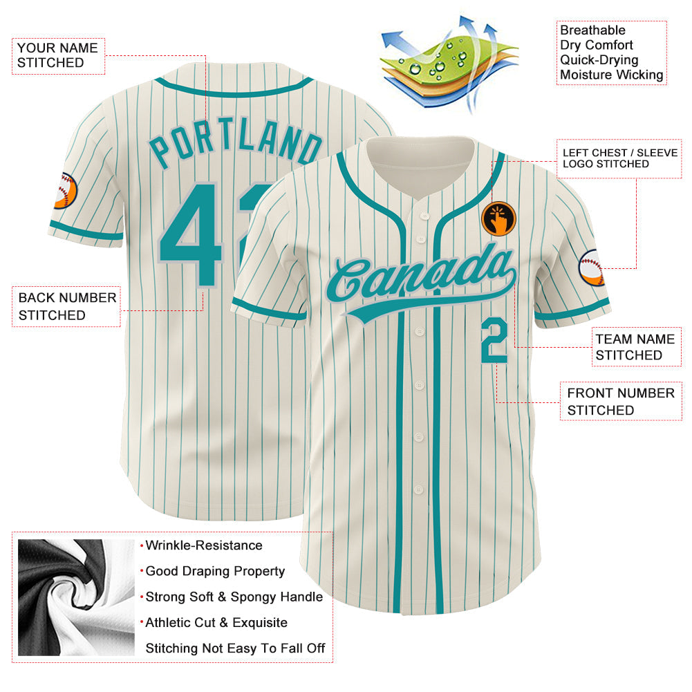 Custom Cream Teal Pinstripe Teal-Gray Authentic Baseball Jersey view 3
